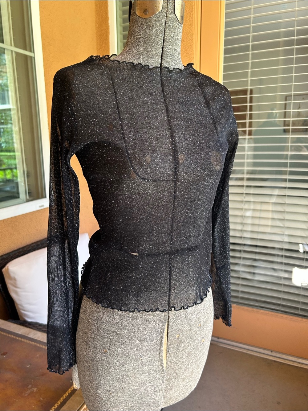 Brandy Melville Black Metallic Mesh Sheer Long Sleeve Crop Cover Up Top M*